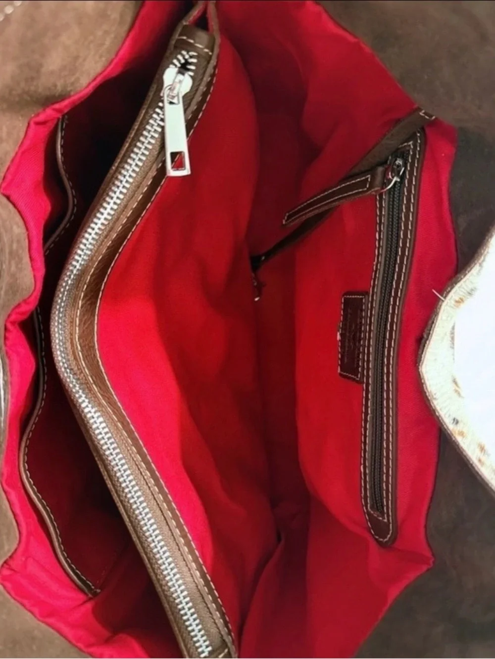 Brown & White Cowhide Leather and real fur handbag